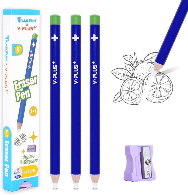 trailfun Pen Style Eraser Eraser Pen, 3 Pcs Eraser Pen with Sharpener, Sharpenable Eraser Stick, School Art Supplies for Kids Artist Adult - Blue - Image 1